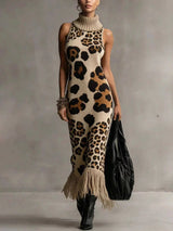 Oksana - Maxikleid mit Leopardenmuster und Fransen