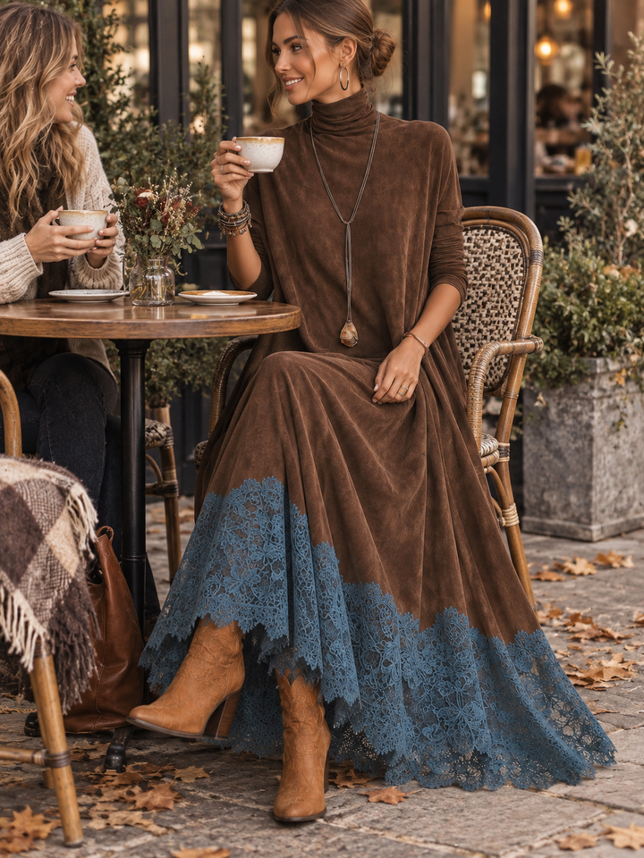 Maelis - Samtiges Maxikleid mit Spitzenbesatz